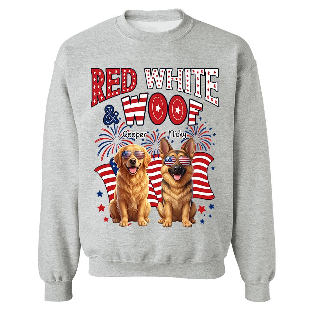 Red White Woof Personalized Shirt Patriotic American Flag Fireworks For Independence Day USA Custom Photo Dog Gift For Pet Lovers T1807 Nh00