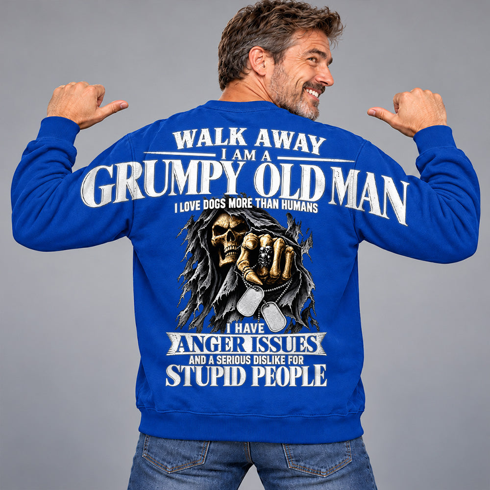 Walk Away I Am A Grumpy Old Man I Love Dogs More Than Humans I Have Anger Issues Skeleton Oversized Shoulder Print Shirts T24