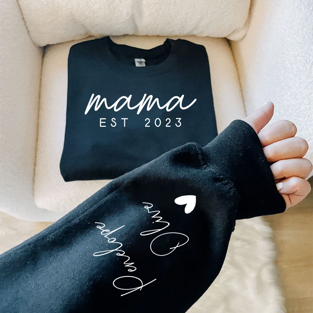 Custom Mama Sweatshirt with Date and Children Name on Sleeve, Mama Sweatshirt, Minimalist Mama