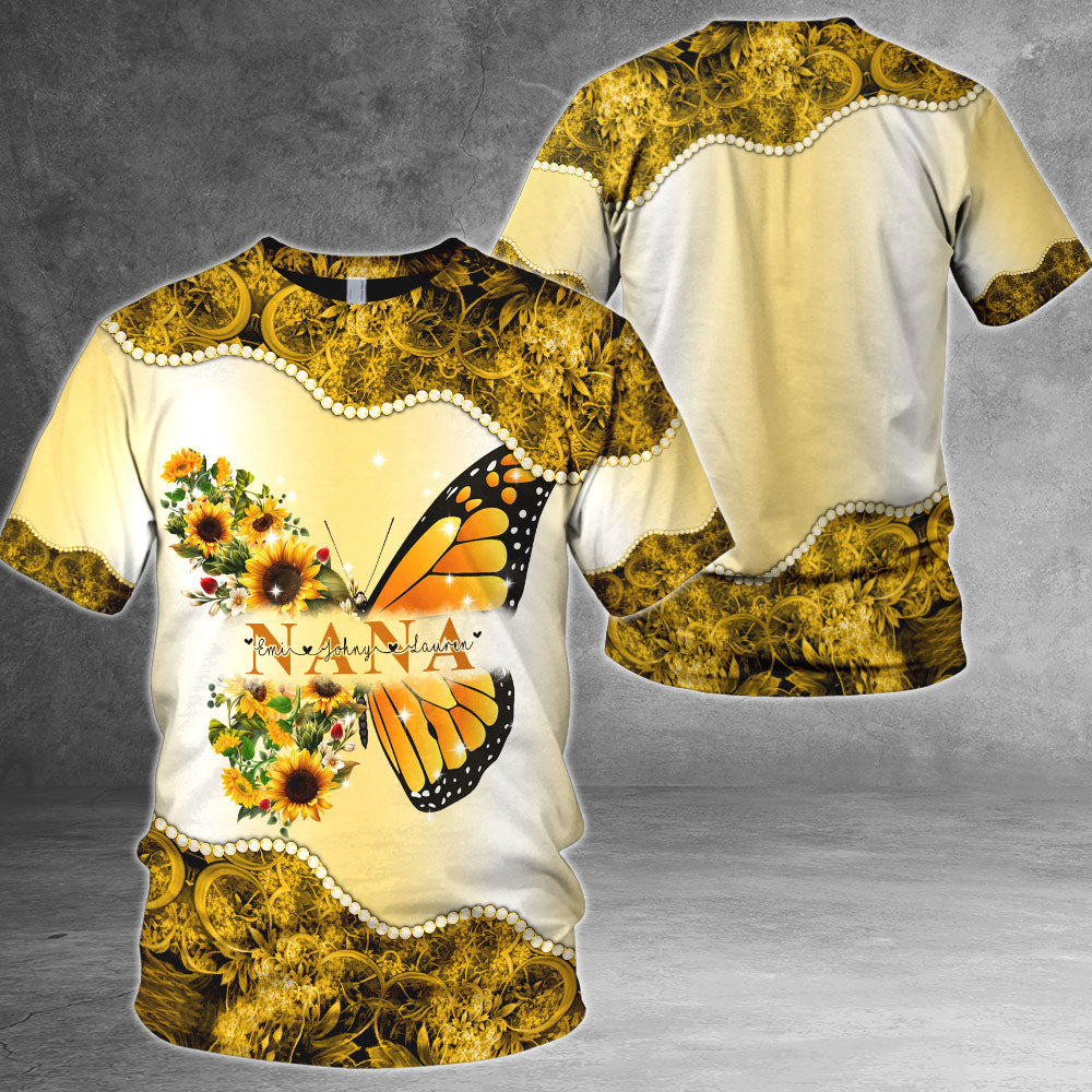 Personalized Nickname & Grandkid's Names All Over Print Shirts Butterfly Sunflower Vr2